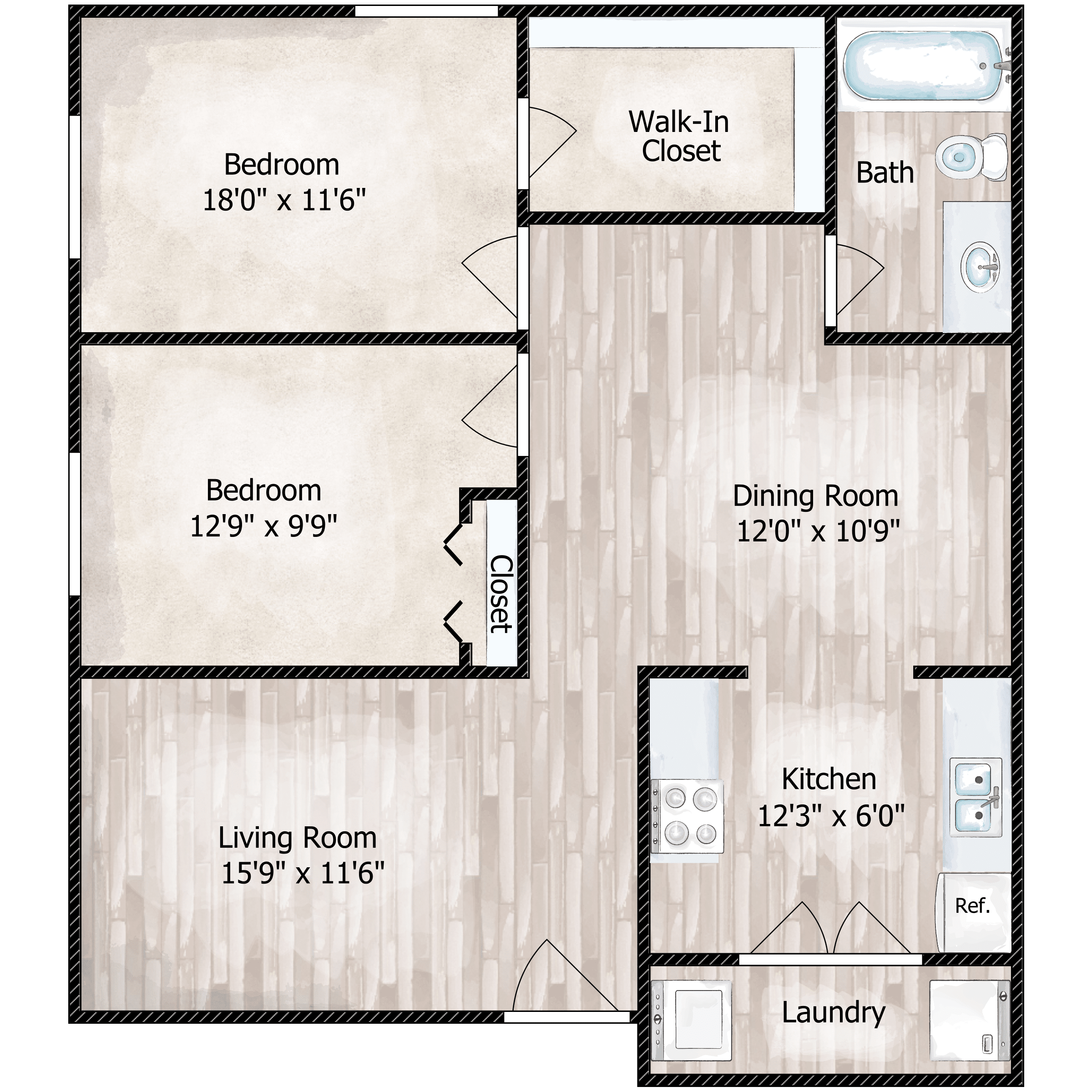 Floor plan for 2 beds, 1 bath, 820 sqft